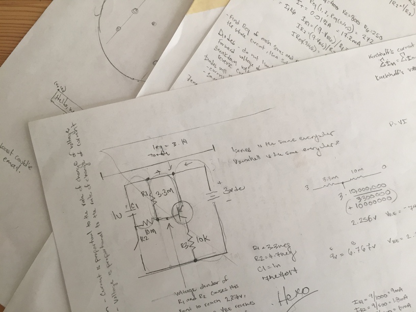 Sketches of electrical circuits with current and voltage calculations