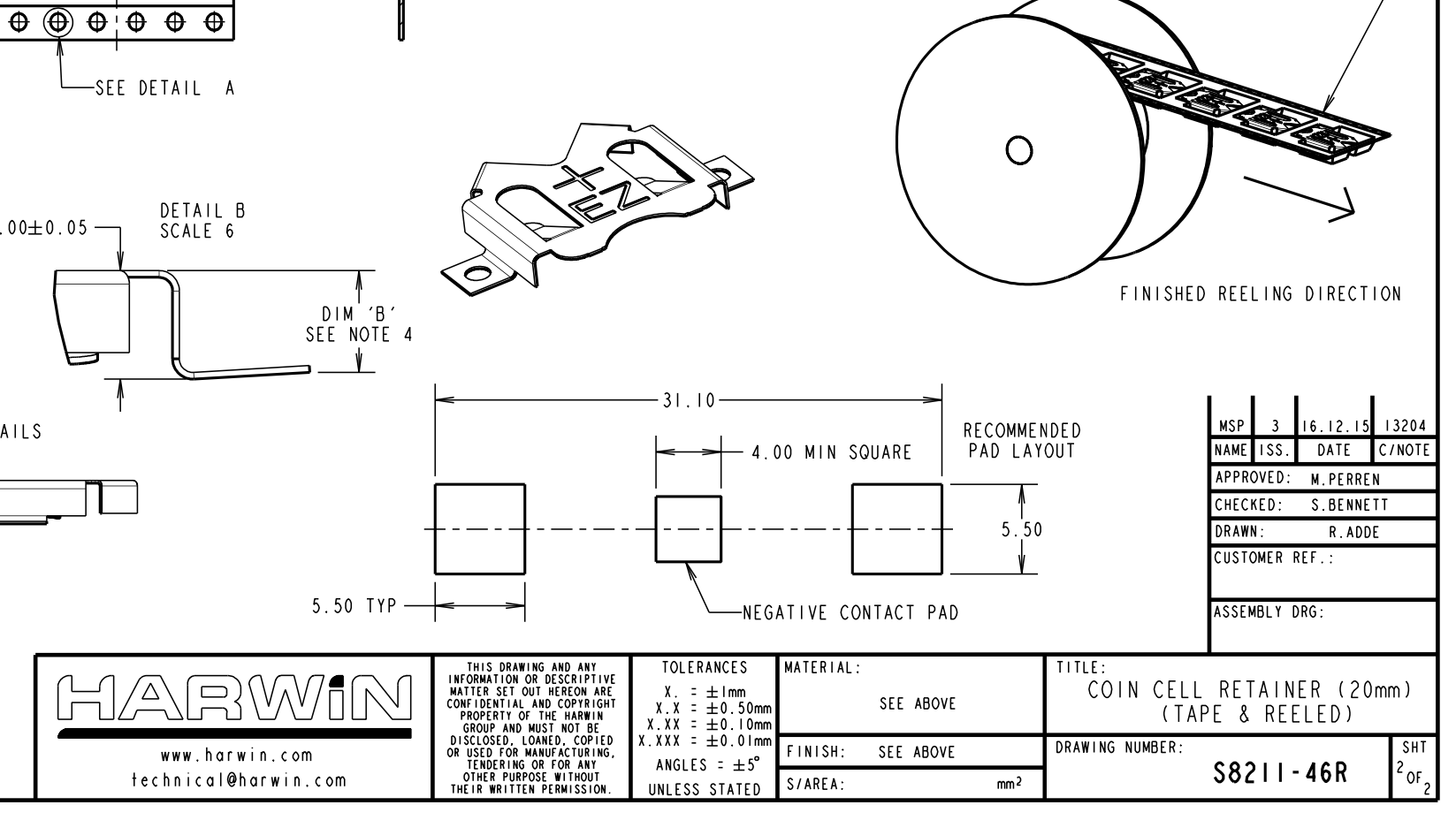Datasheet page for a battery clip's PCB footprint